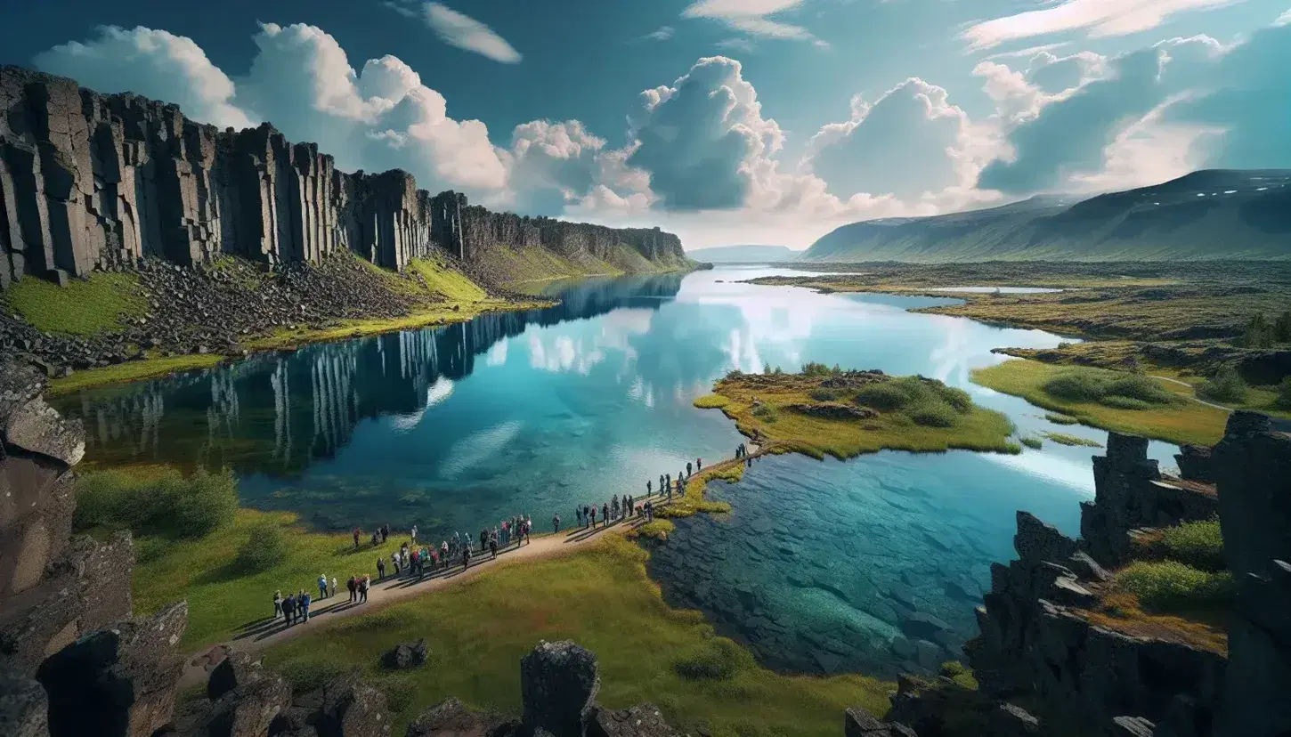 Panoramic summer view of Thingvellir National Park with Almannagjá fault, tranquil lake, tourists on path, and distant mountains under a blue sky.