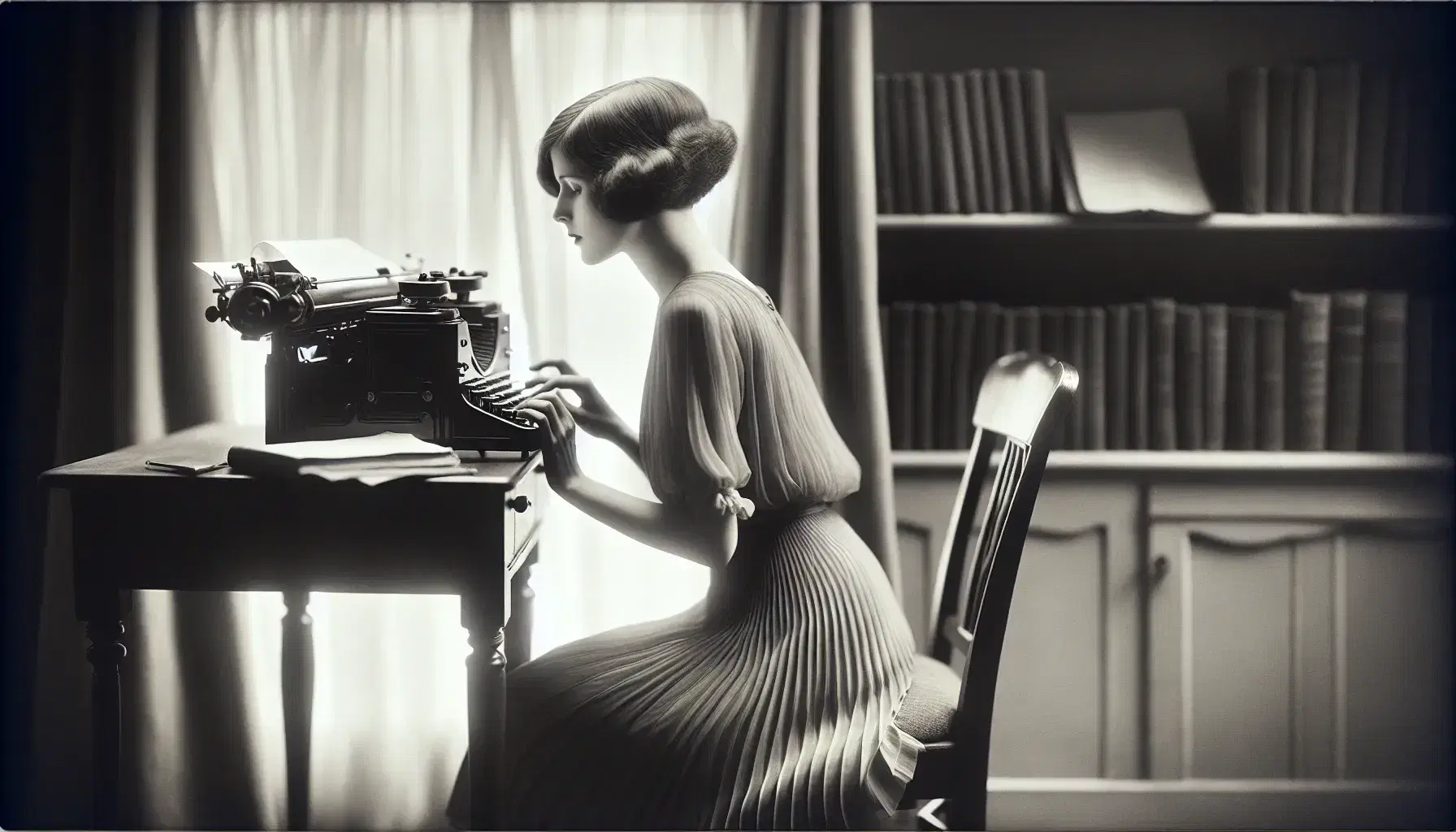 1920s woman at wooden desk with typewriter, papers, and book, in a softly lit room with sheer-curtained window and bookshelf.