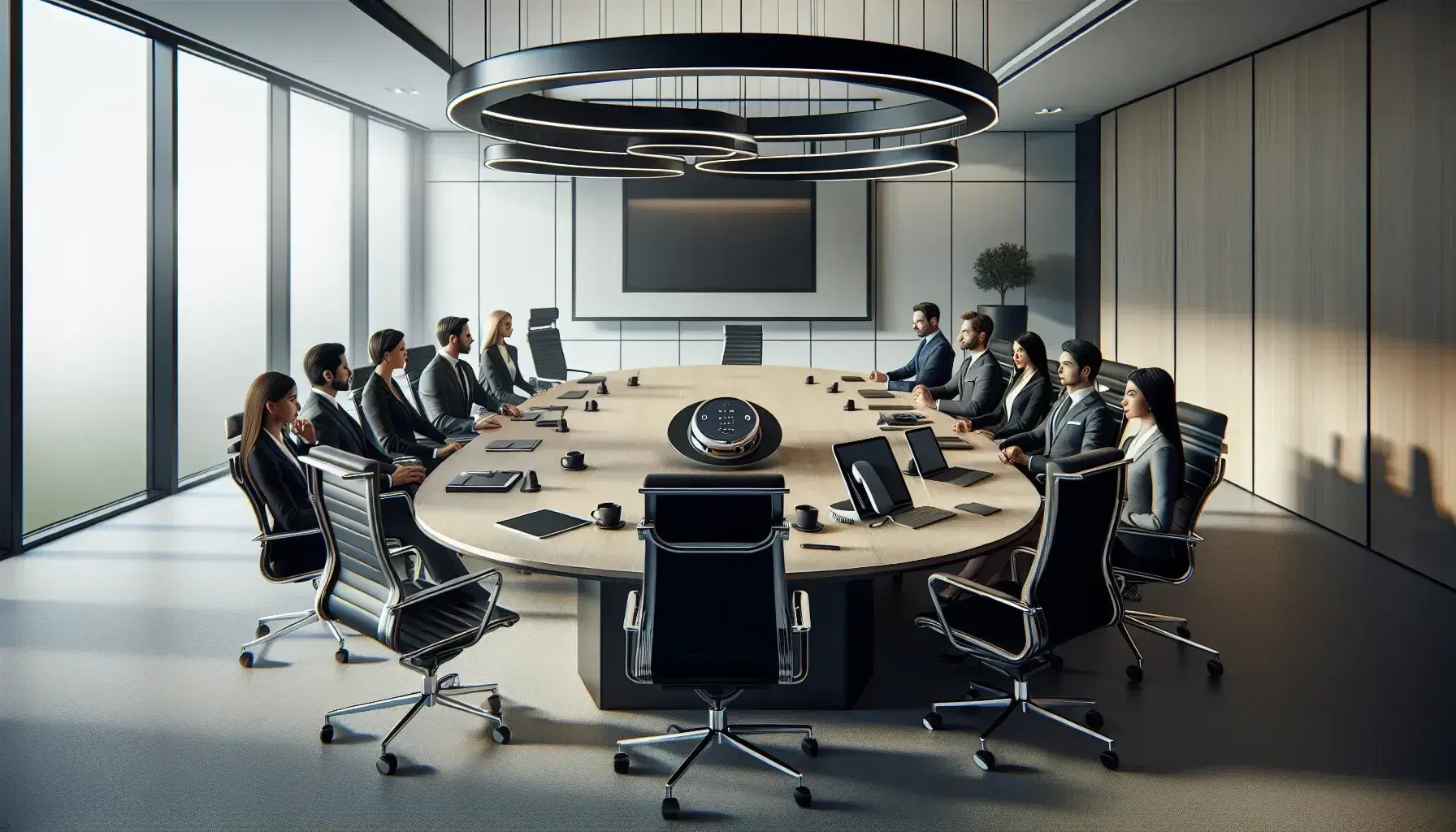 Modern corporate meeting room with diverse professionals engaged in discussion around a polished wooden table, with various communication devices and a speakerphone.
