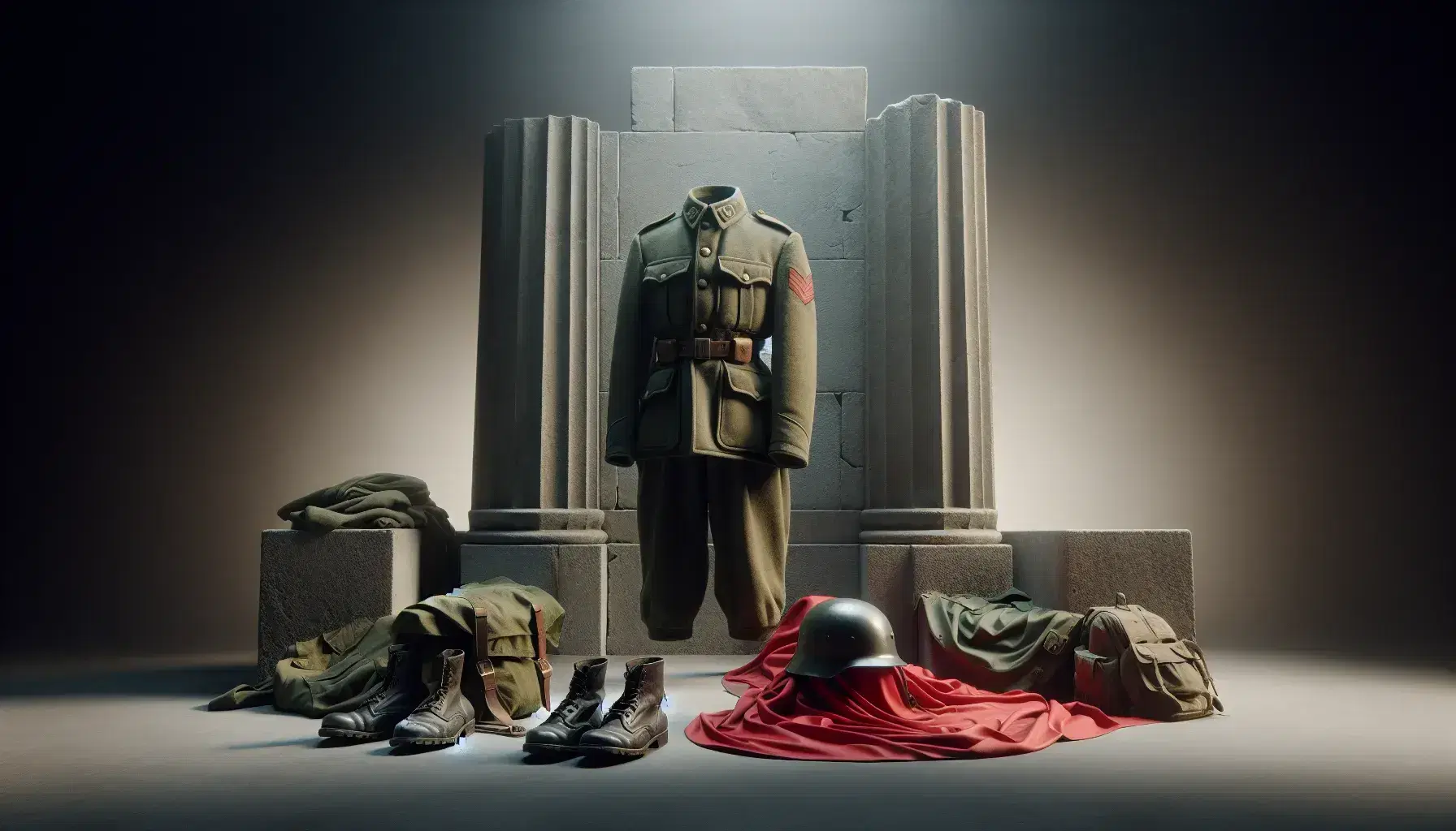 Uniforme militar de la Segunda Guerra Mundial en tono verde oliva con casco de acero antiguo y bandera roja, frente a estructura de piedra gris con columnas robustas.