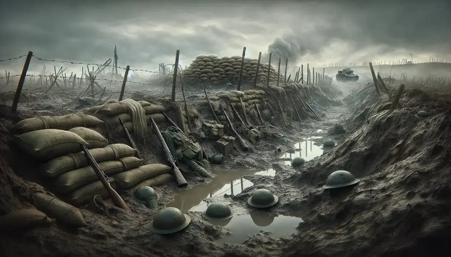 Campo di battaglia della Prima Guerra Mondiale con filo spinato arrugginito, crateri, elmetti militari abbandonati e carro armato danneggiato sotto un cielo grigio.