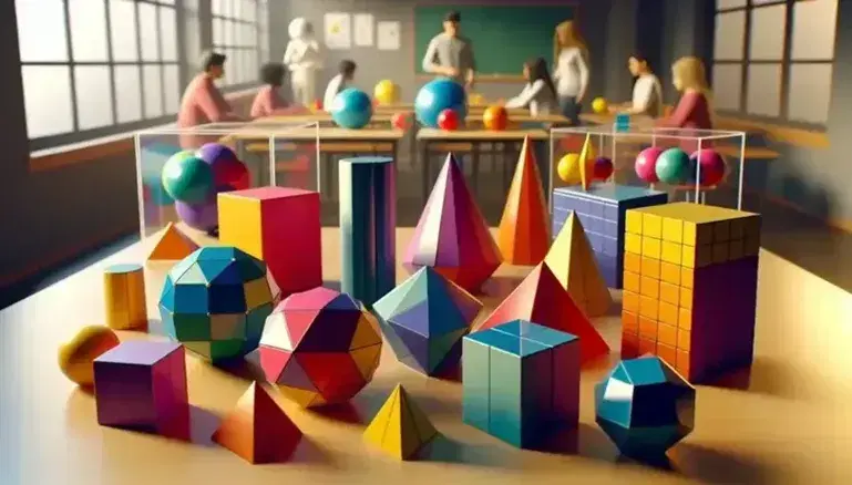Brightly colored geometric solids on a classroom table with students engaging in a hands-on learning activity, showcasing a variety of 3D shapes.