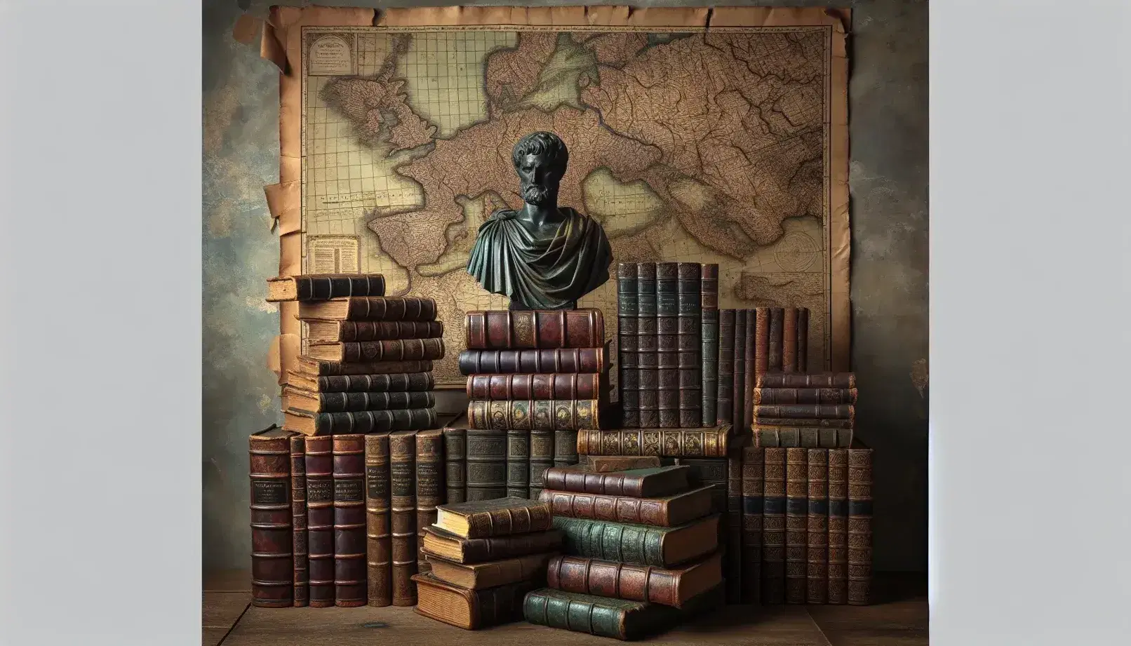Libri antichi impilati disordinatamente con copertine in pelle, mappa geografica vintage e statuetta in bronzo di filosofo romano su sfondo di muro di pietra.