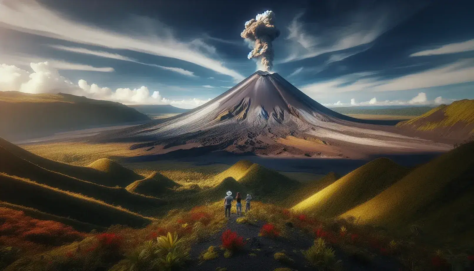 Volcán cono truncado emitiendo humo, flanqueado por excursionistas y vegetación con flores silvestres bajo cielo azul.