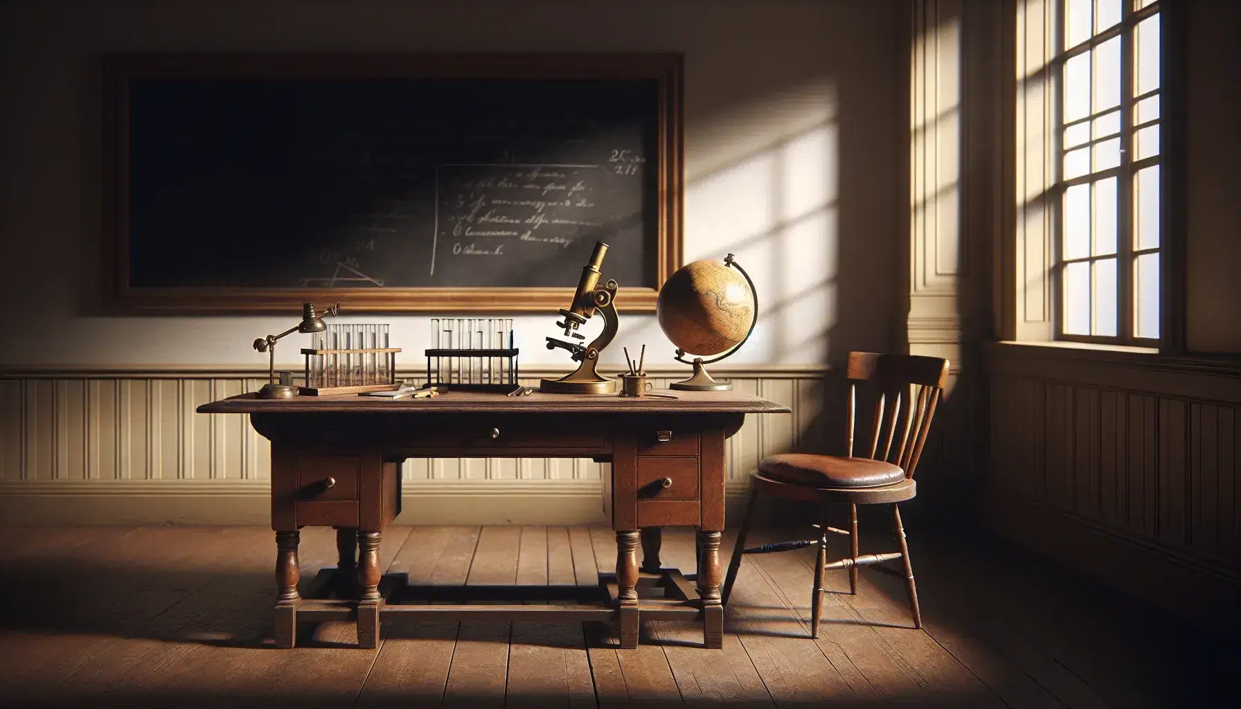 Aula antigua con paredes crema, suelo de madera oscura, mesa con globo terráqueo sepia, microscopio de latón y tubos de ensayo, junto a silla de cuero y pizarra limpia.