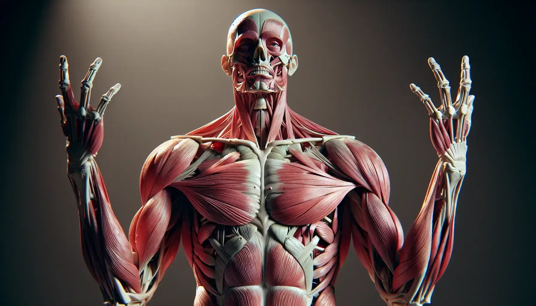 Vista anatómica detallada del sistema muscular del torso humano masculino sin piel, con músculos en tonos rojos y rosas y una iluminación que resalta su tridimensionalidad.