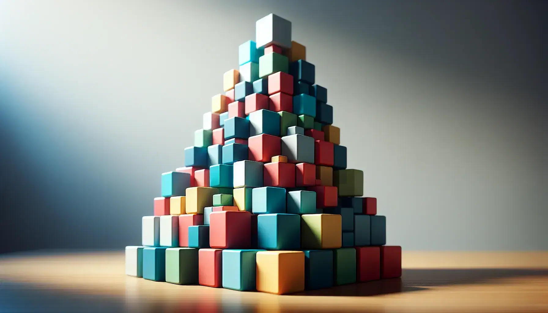 Pirámide de cubos tridimensionales en colores variados sobre mesa de madera, con el mayor en la base y los menores en la cima.