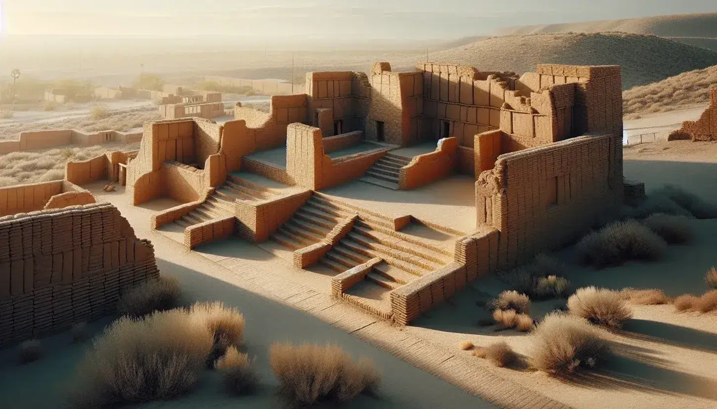Ruinas antiguas de ladrillos de adobe secados al sol con escalones desgastados y vegetación dispersa bajo un cielo azul claro en un paisaje árido.