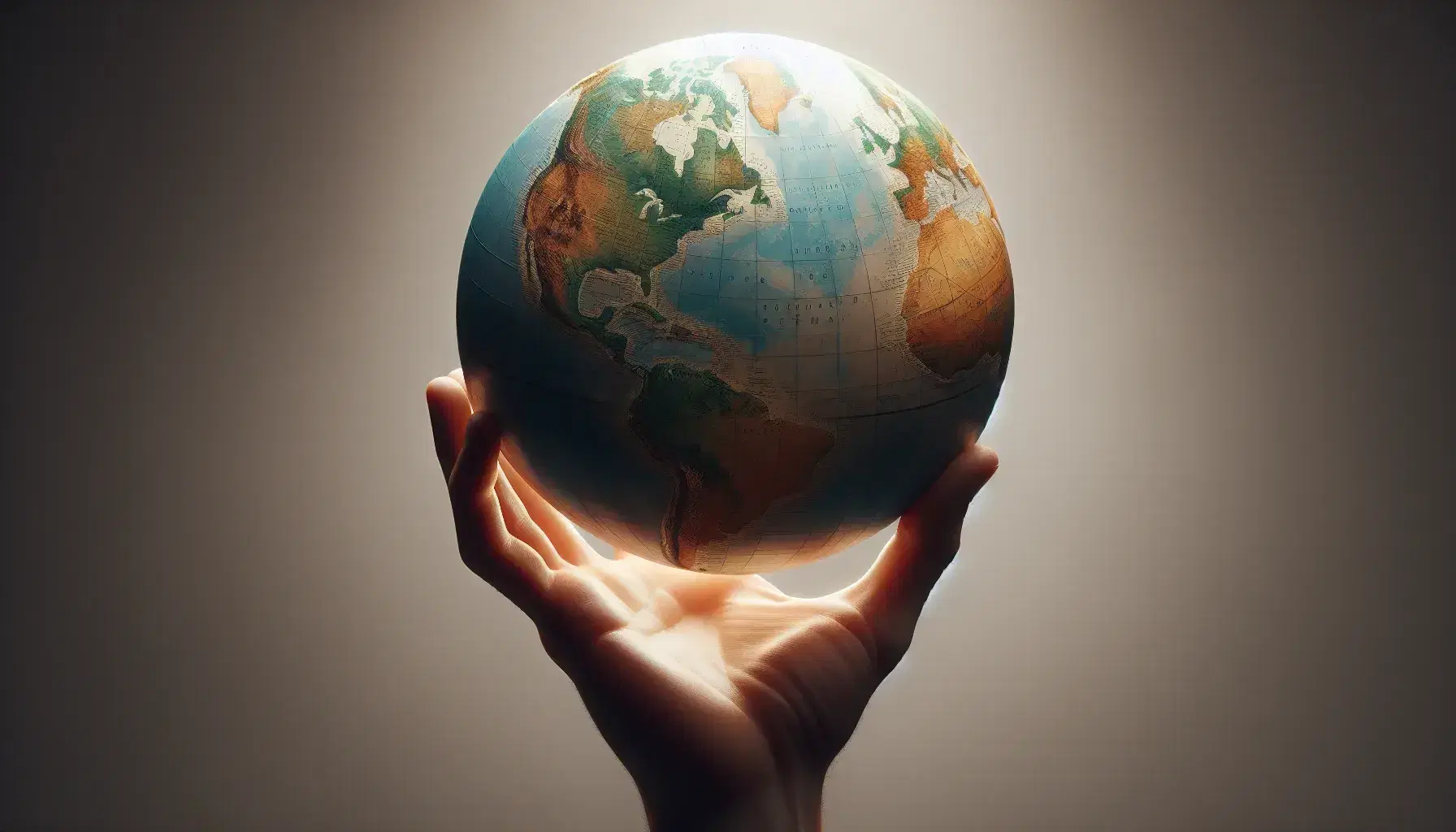Mano sosteniendo un globo terráqueo sin texto, con continentes en tonos verdes y marrones y océanos azules, sobre fondo neutro.