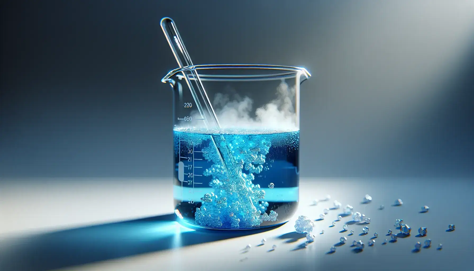 Glass beaker with vibrant blue liquid, white crystals at the bottom and vapors emerging, on a white surface with a neutral gray background.