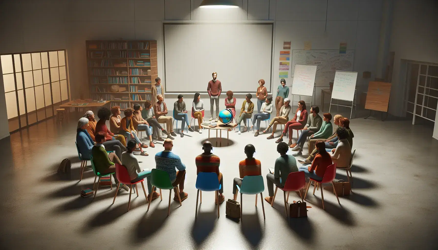 Grupo diverso de personas en semicírculo alrededor de un orador en un entorno educativo con sillas de colores, mesas con libros y un globo terráqueo.