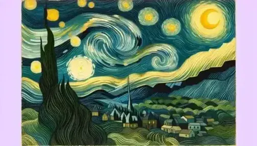 Pintura de 'La Noche Estrellada' de Van Gogh con cielo azul y remolinos, ciprés oscuro, colinas y un pueblo con campanario.