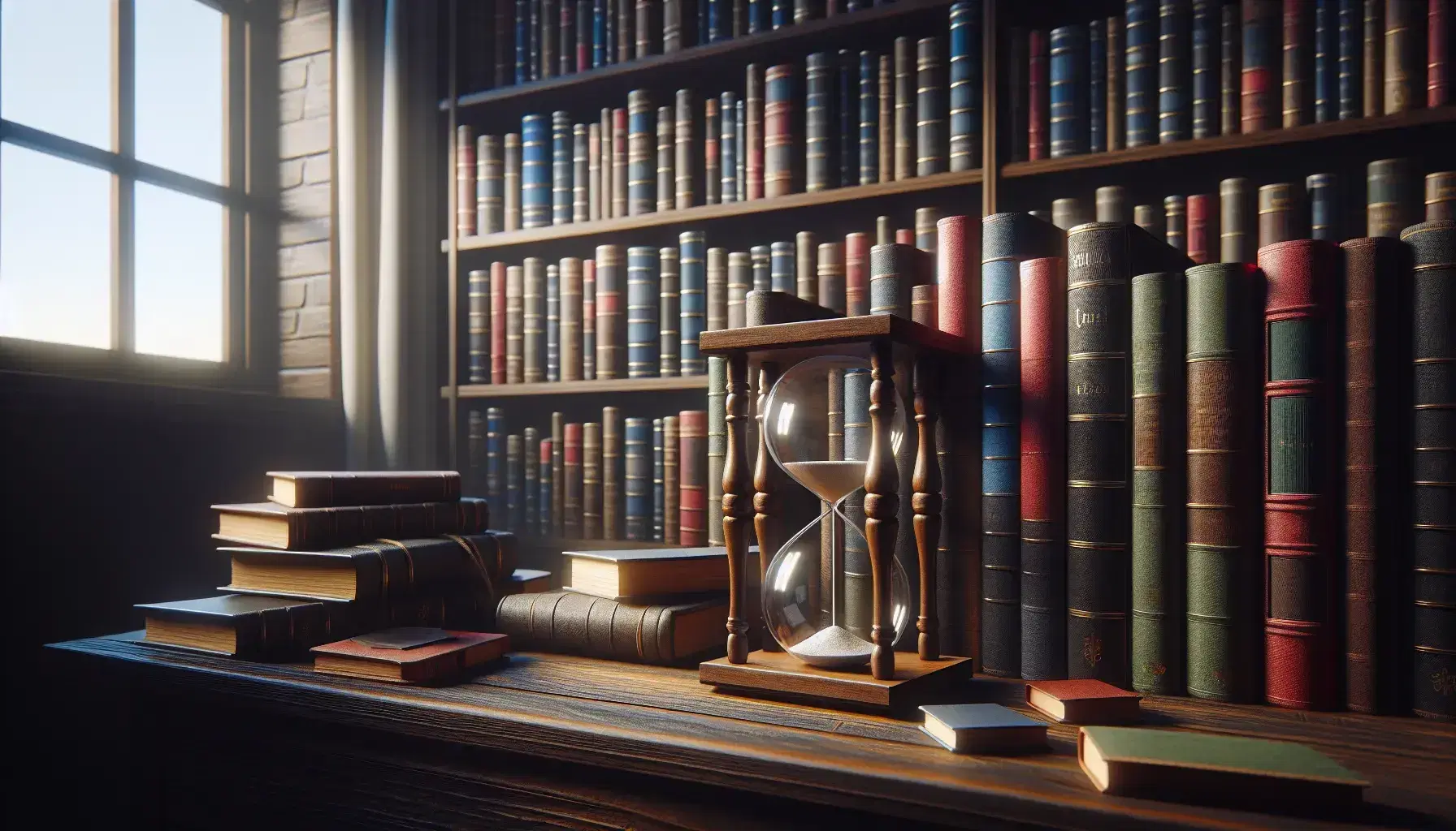 Estantería de madera oscura repleta de libros de colores variados con un reloj de arena en primer plano y una ventana con cortinas blancas al fondo.