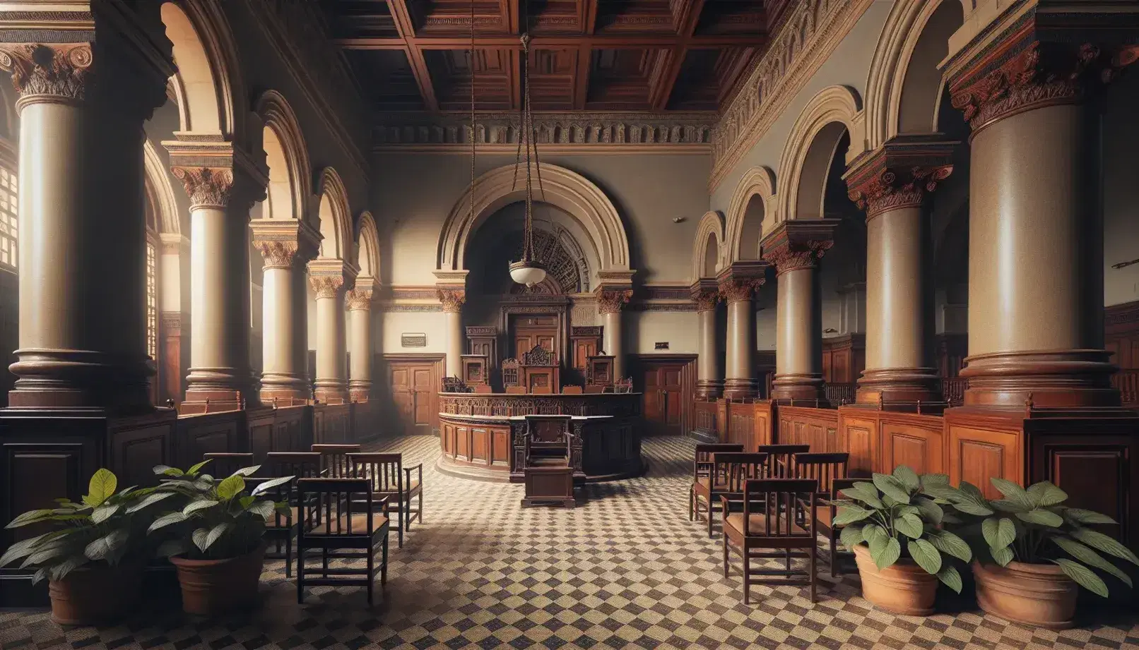 Grand colonial-era Indian courthouse interior with arches, high ceilings, terracotta floors, ornate wooden bench, and rows of chairs, bathed in natural light.