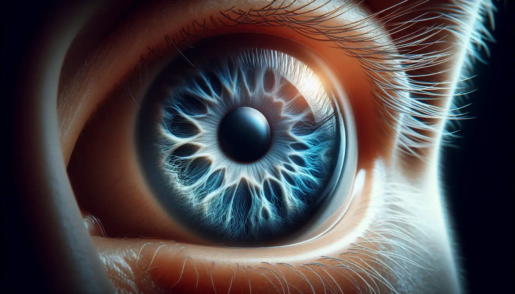 Ojo humano en primer plano con iris azul intenso, pupila dilatada y pestañas curvas, reflejo de luz en la superficie ocular y piel clara alrededor.