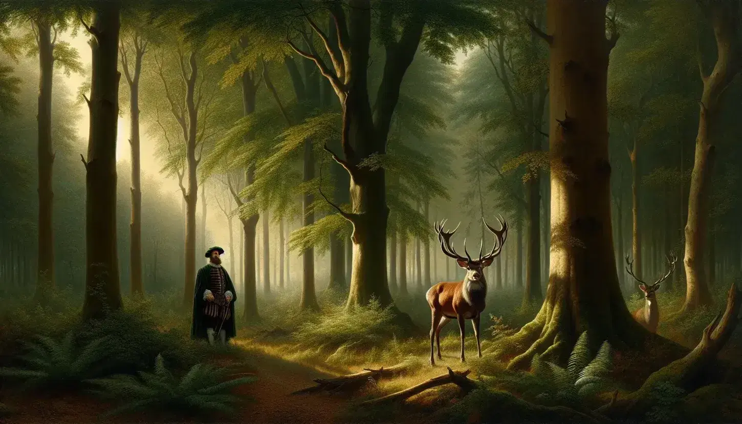 Serene dawn forest scene with a majestic deer standing alert amidst tall trees, and a mysterious Tudor-era figure in the underbrush.
