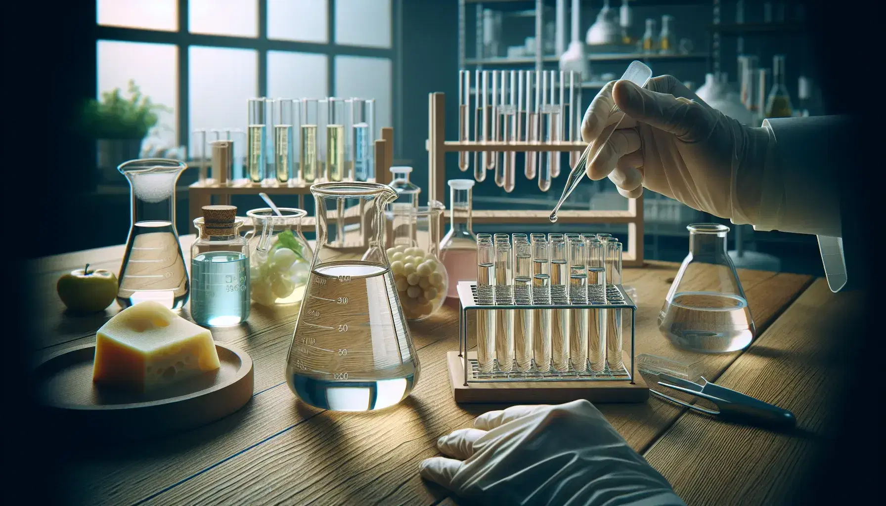 Laboratory scene with glassware for food testing, including beakers and test tubes with colored liquids, and hands in latex gloves using a dropper.