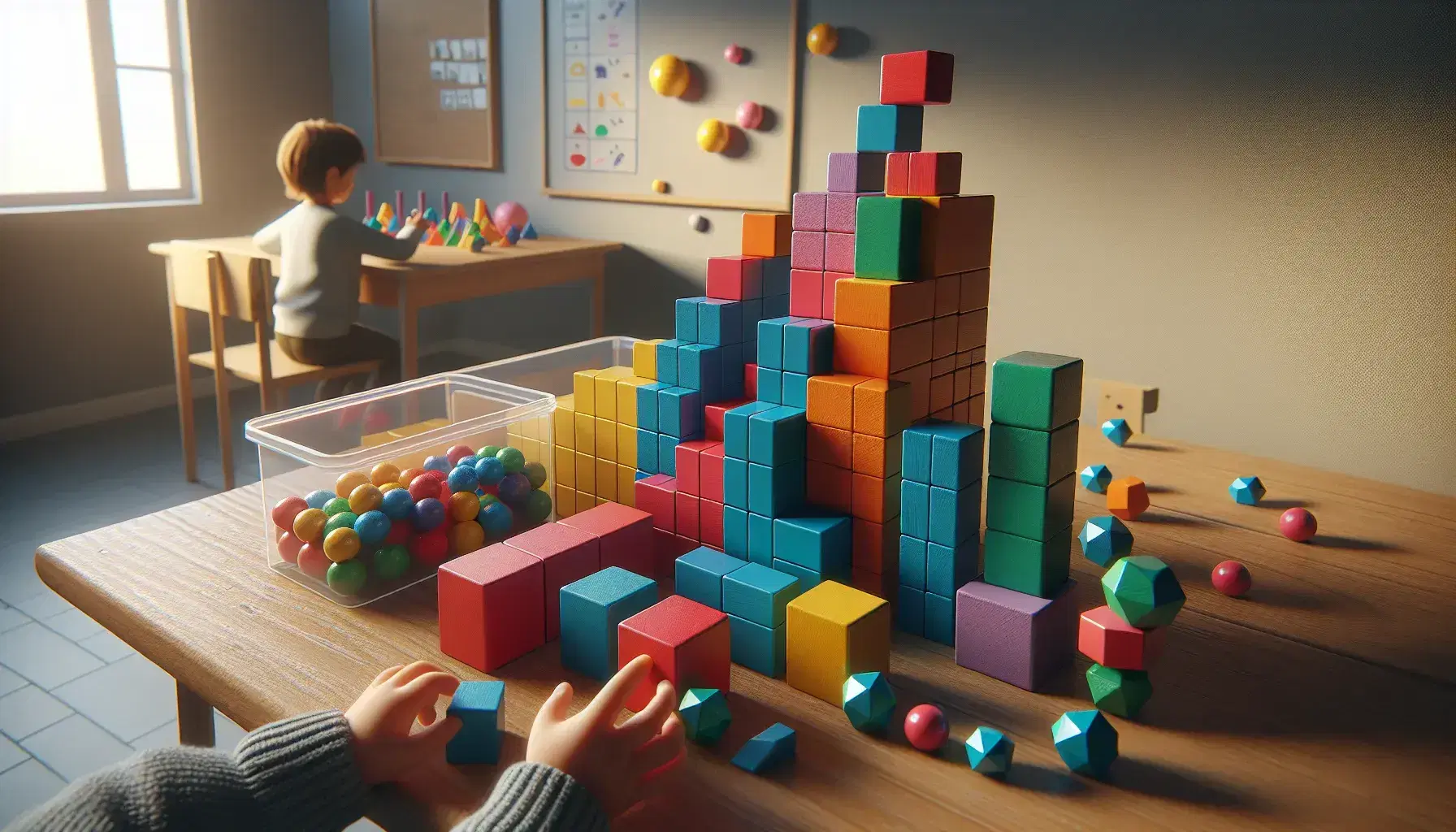 Child's hands stacking colorful geometric blocks in a classroom, with another child sorting spheres in a container, in a well-lit, serene setting.