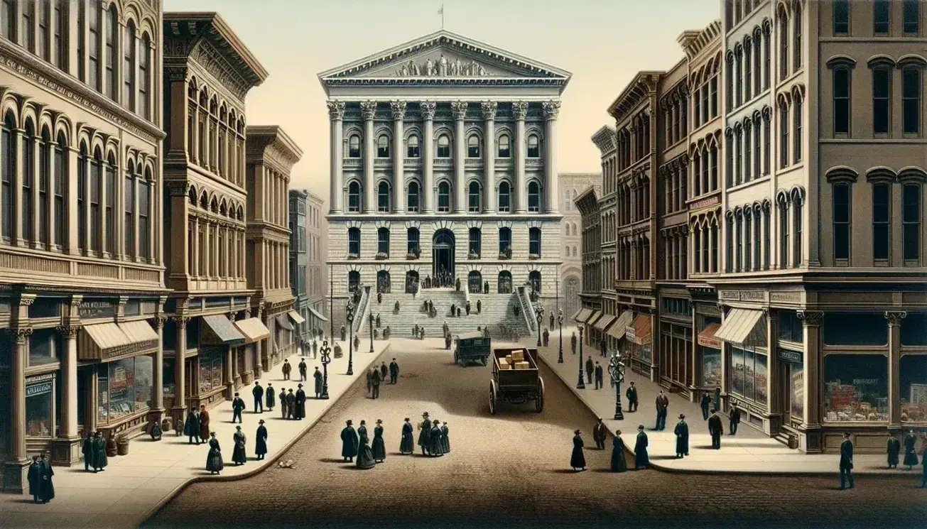 Bustling city street with pedestrians, diverse storefronts, parked vehicles, and a neoclassical government building under a clear blue sky.