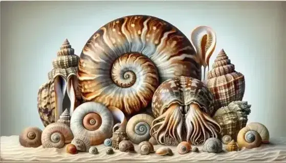 Collection of molluscs on sandy background: spiral gastropod, half-open bivalve, orange and white cuttlefish, and iridescent abalone shell.