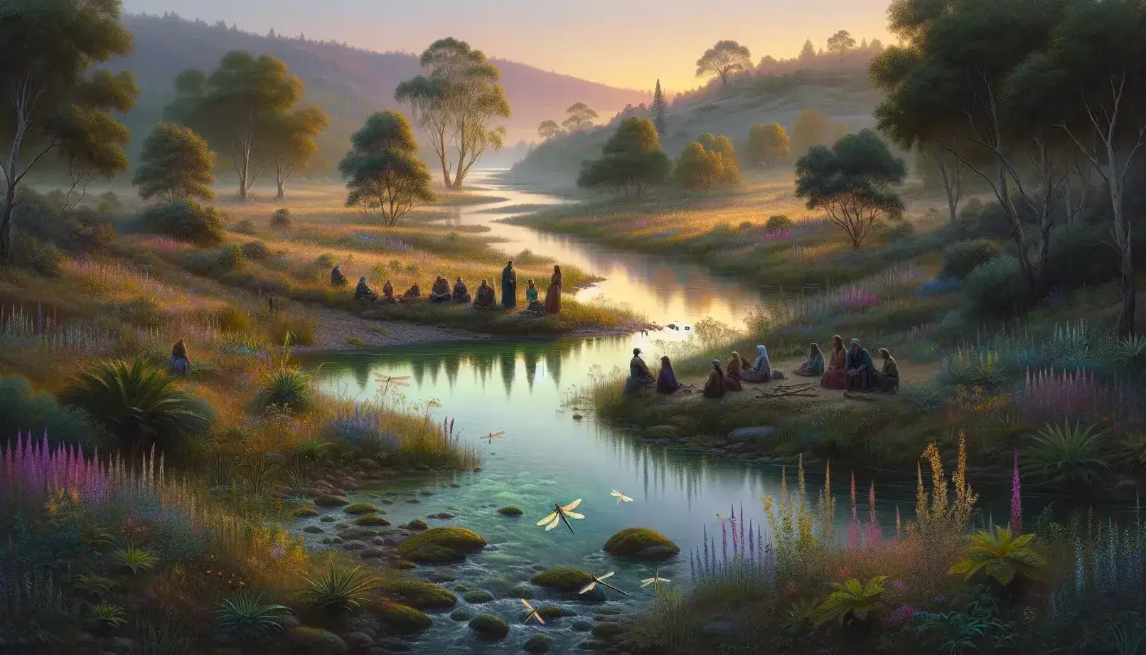 Serene dawn landscape with a clear river reflecting pastel skies, diverse people listening to an elder, and lush greenery on rolling hills.