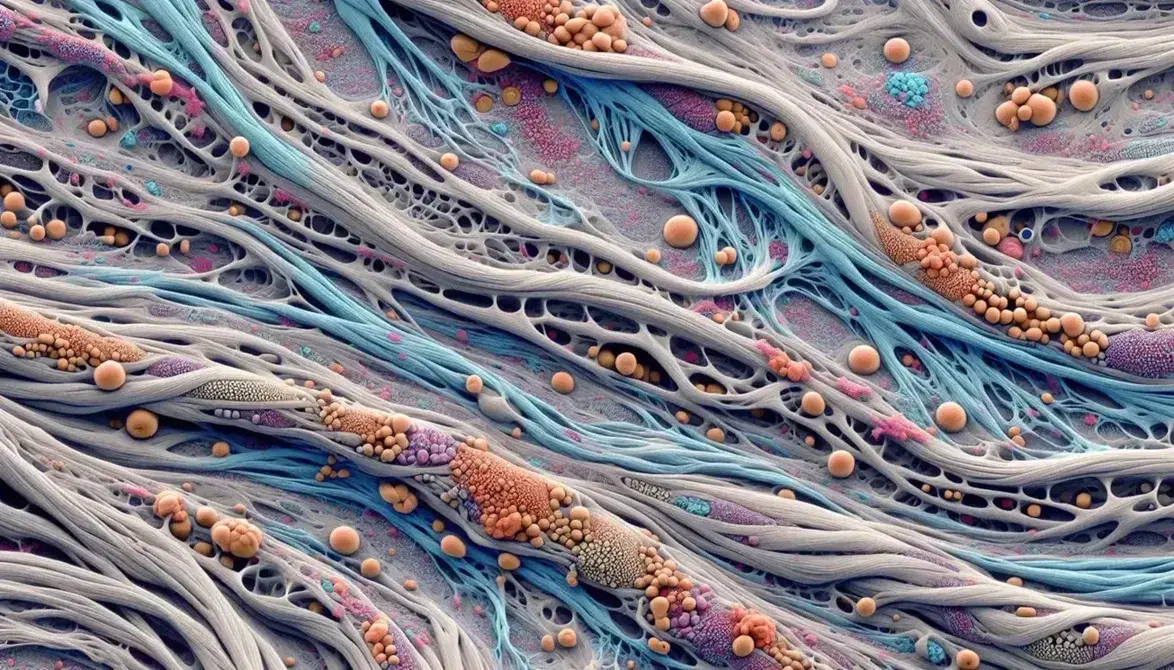 Micrografia elettronica a colori del tessuto connettivo con fibre di collagene blu e viola, fibre elastiche rosse e arancioni, e cellule gialle e verdi.