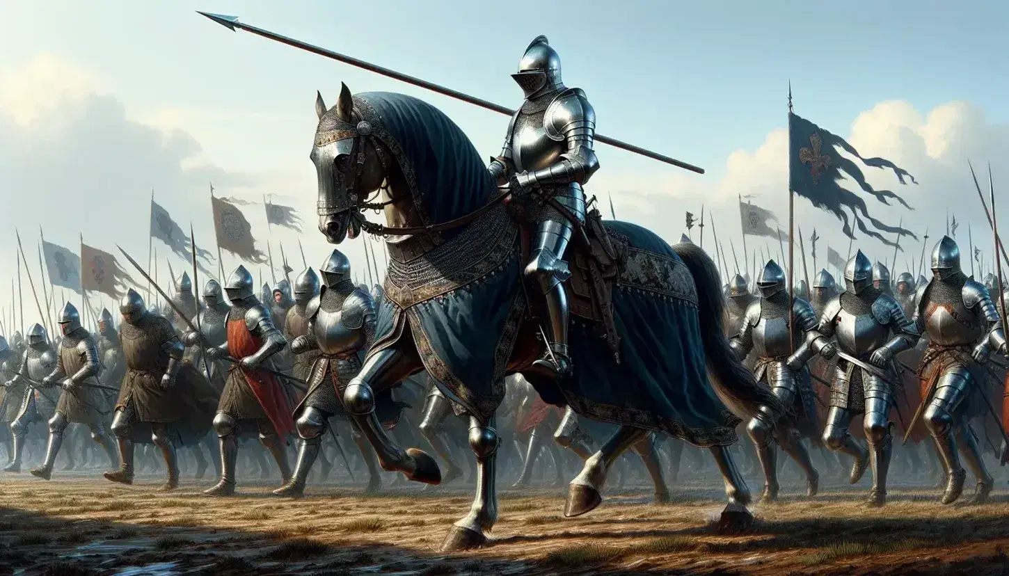 Cavaliere in armatura su cavallo impennato con lancia in una scena di battaglia medievale, soldati e arcieri sullo sfondo.