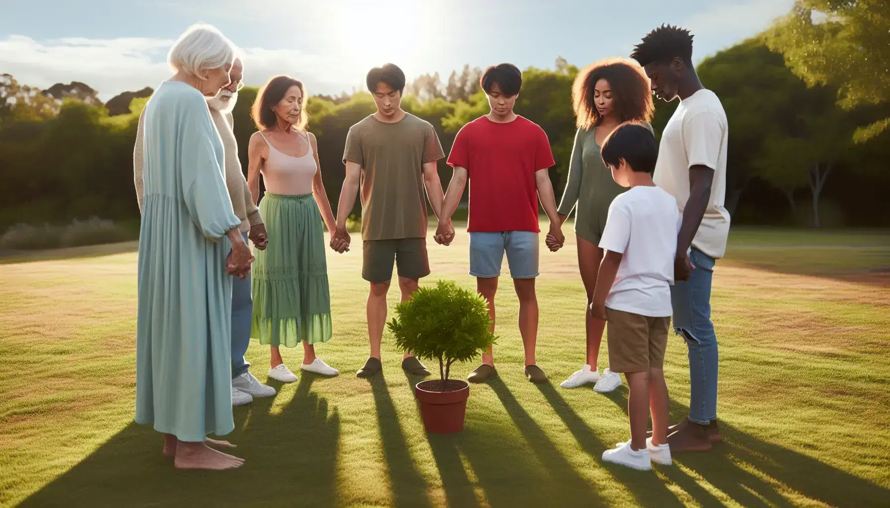 Multi-ethnic group holds hands forming a circle around a young tree on green grass, under a clear sky.