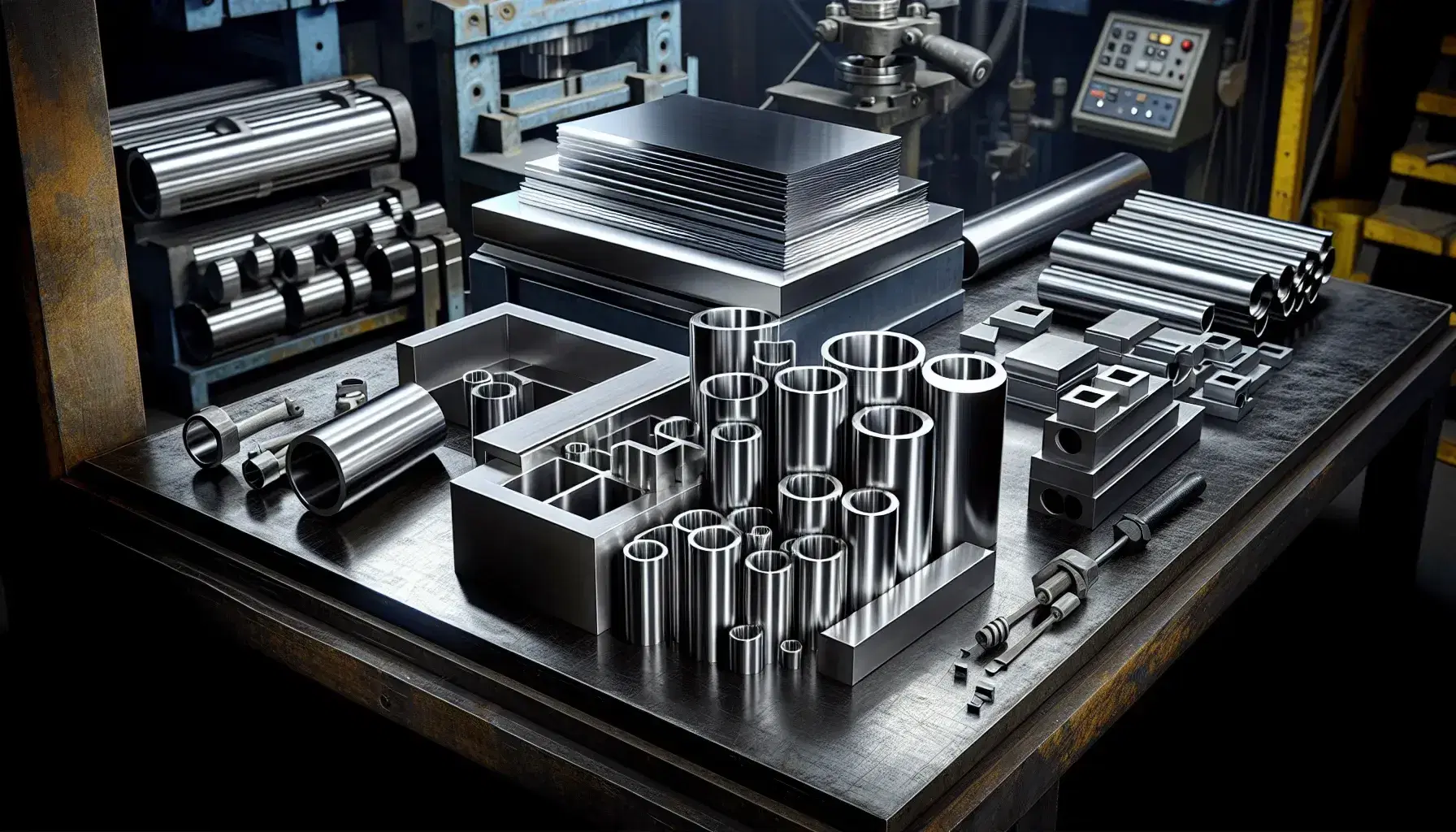 Banco da lavoro in legno scuro con foglio di acciaio lucido, tubi metallici, pressa meccanica e strumenti da fabbro.