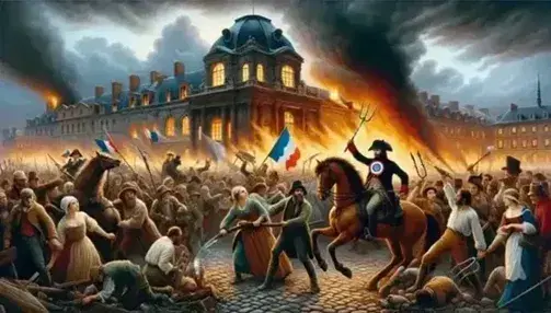 French revolutionary scene with crowd armed with agricultural tools, woman with tricolor cockade, man on horseback and burning building.