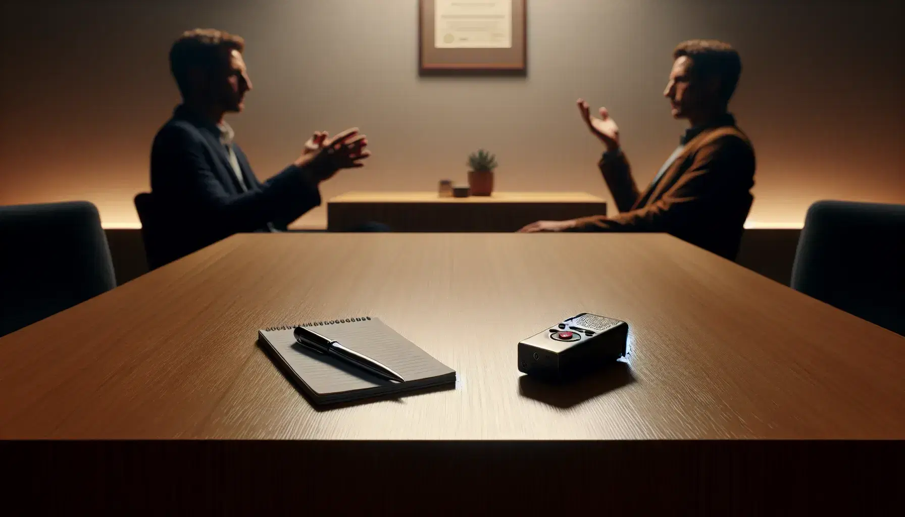 Consultation room with wooden table and turned on voice recorder, notepad and pen, two people talking, certificate hanging on the wall.