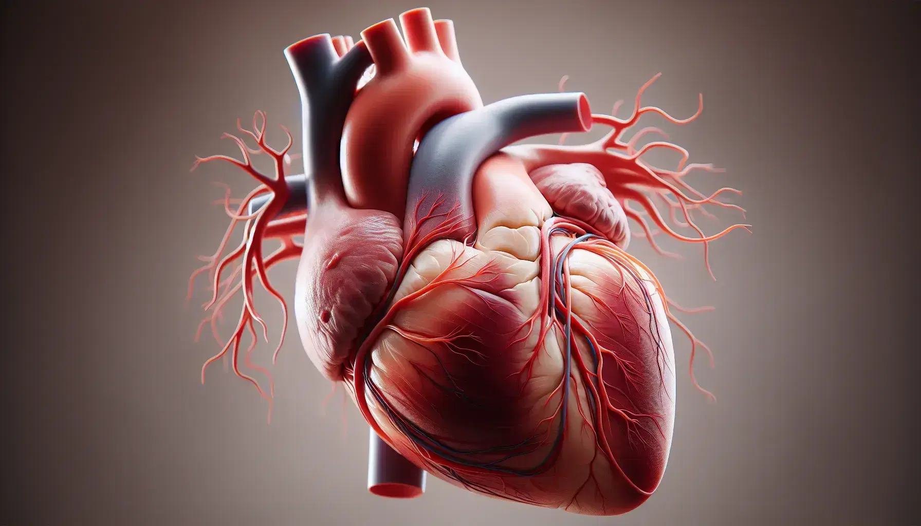 Corazón humano tridimensional realista con cámaras y vasos sanguíneos destacados, mostrando detalles anatómicos y texturas musculares bajo iluminación suave.