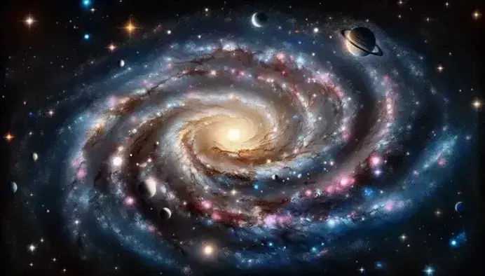 Cielo notturno stellato con galassia a spirale dai colori vivaci e sistema solare con pianeti dettagliati attorno al Sole luminoso.