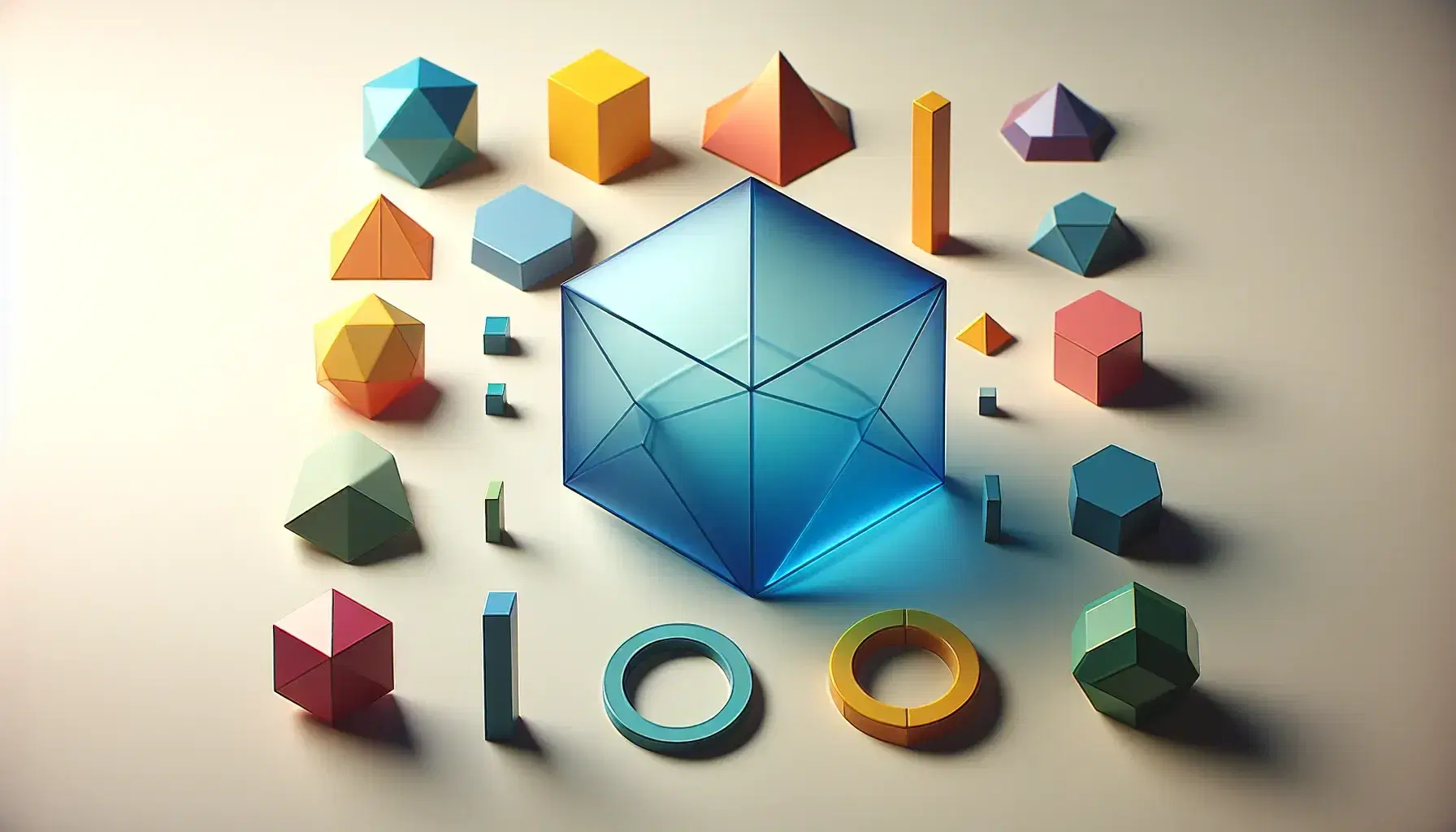 Assorted geometric shapes including a translucent blue hexagon, yellow triangle, red square, orange pentagon, green rectangle, and a gradient purple polygon.
