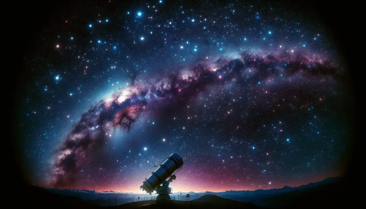 Vista notturna del cielo stellato con banda di stelle, nuvole interstellari e telescopio astronomico in silhouette.