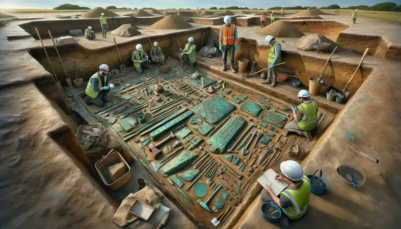 Excavación arqueológica con trabajadores descubriendo objetos metálicos oxidados en un foso estratificado, bajo un cielo despejado.