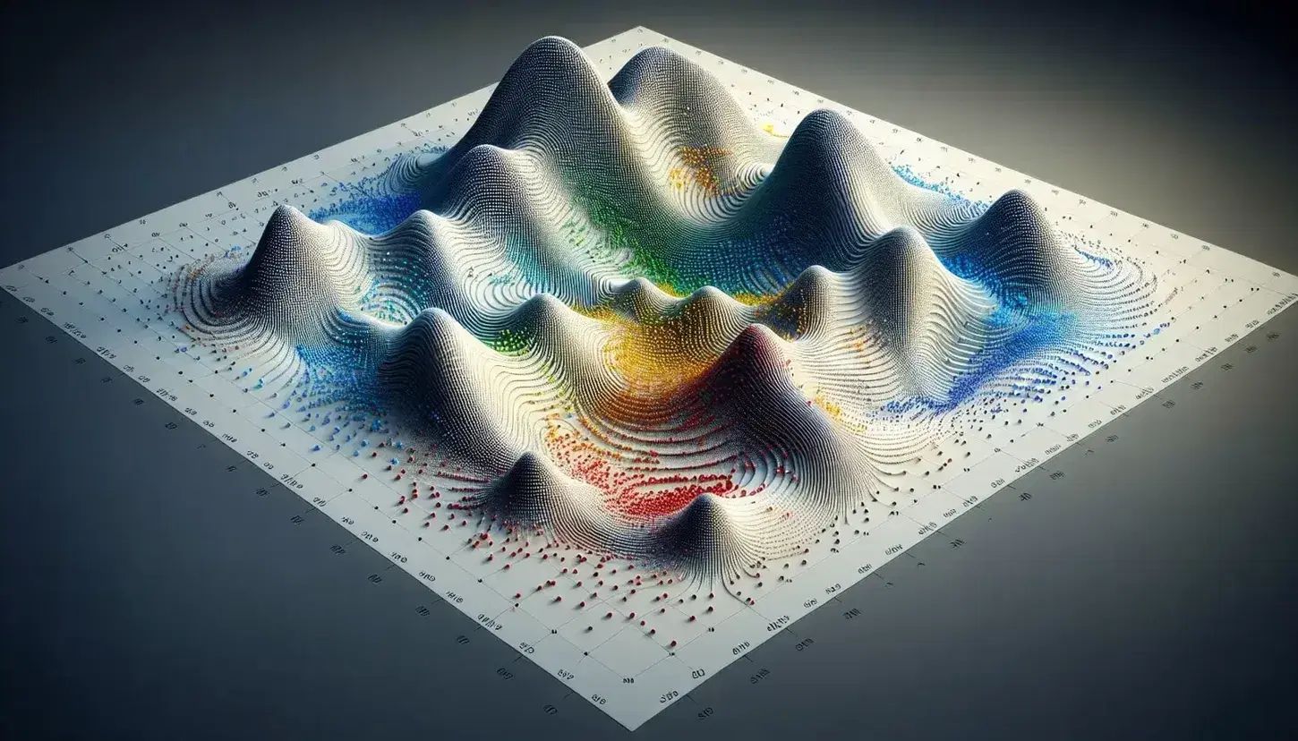 Patrón de puntos de colores con superficie ondulante 3D en el centro, representando variaciones de densidad y categorías en una distribución espacial.