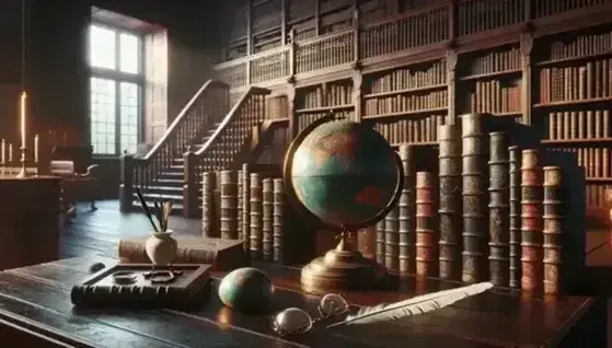 Biblioteca antigua con estanterías de madera oscura llenas de libros encuadernados en cuero, mesa con globo terráqueo antiguo, gafas doradas y pluma en tintero.