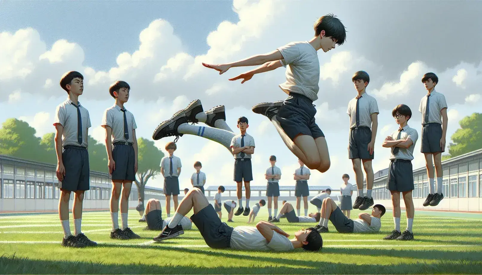 Estudiantes uniformados realizando ejercicios de gimnasia en clase de educación física al aire libre, con un estudiante haciendo un salto de tijera en el centro.
