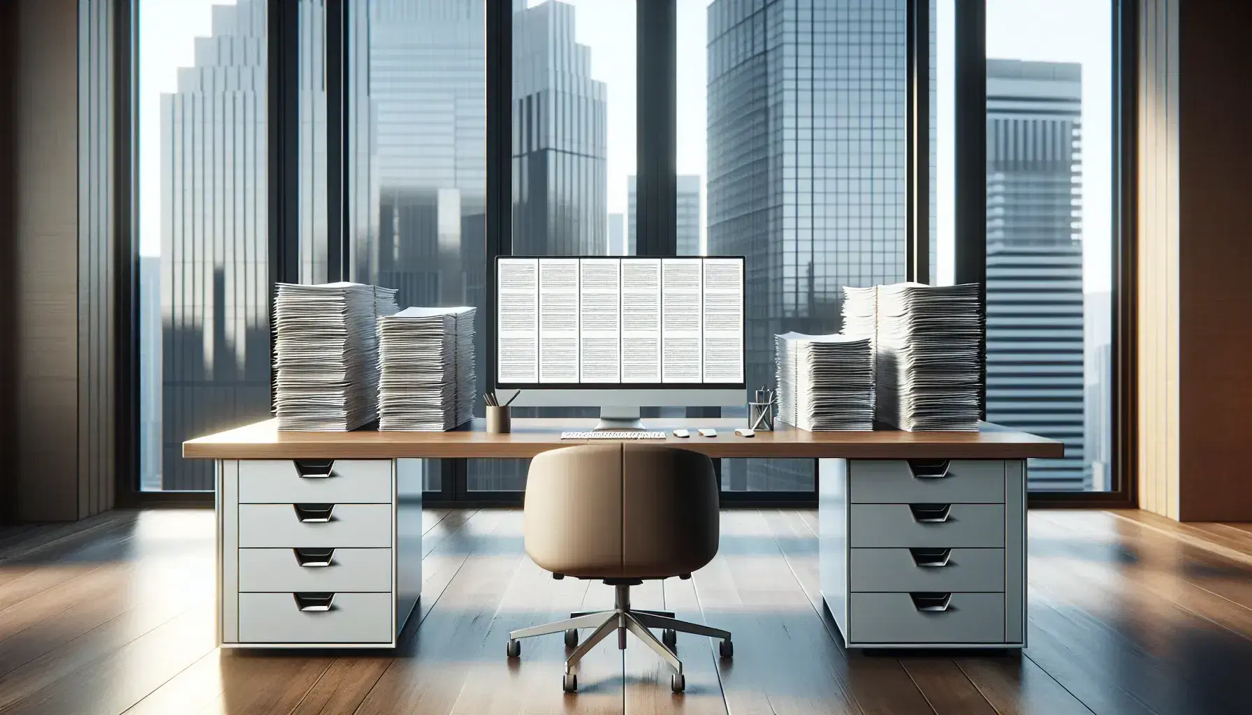 Modern and tidy office with wooden desk, computer turned on, piles of documents and view of skyscrapers through a large window.