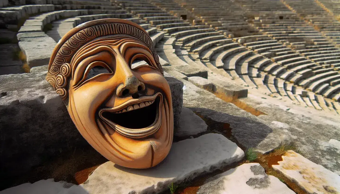Maschera comica greca antica su gradino di pietra in teatro all'aperto, con espressione gioiosa e dettagli di usura e muschio.