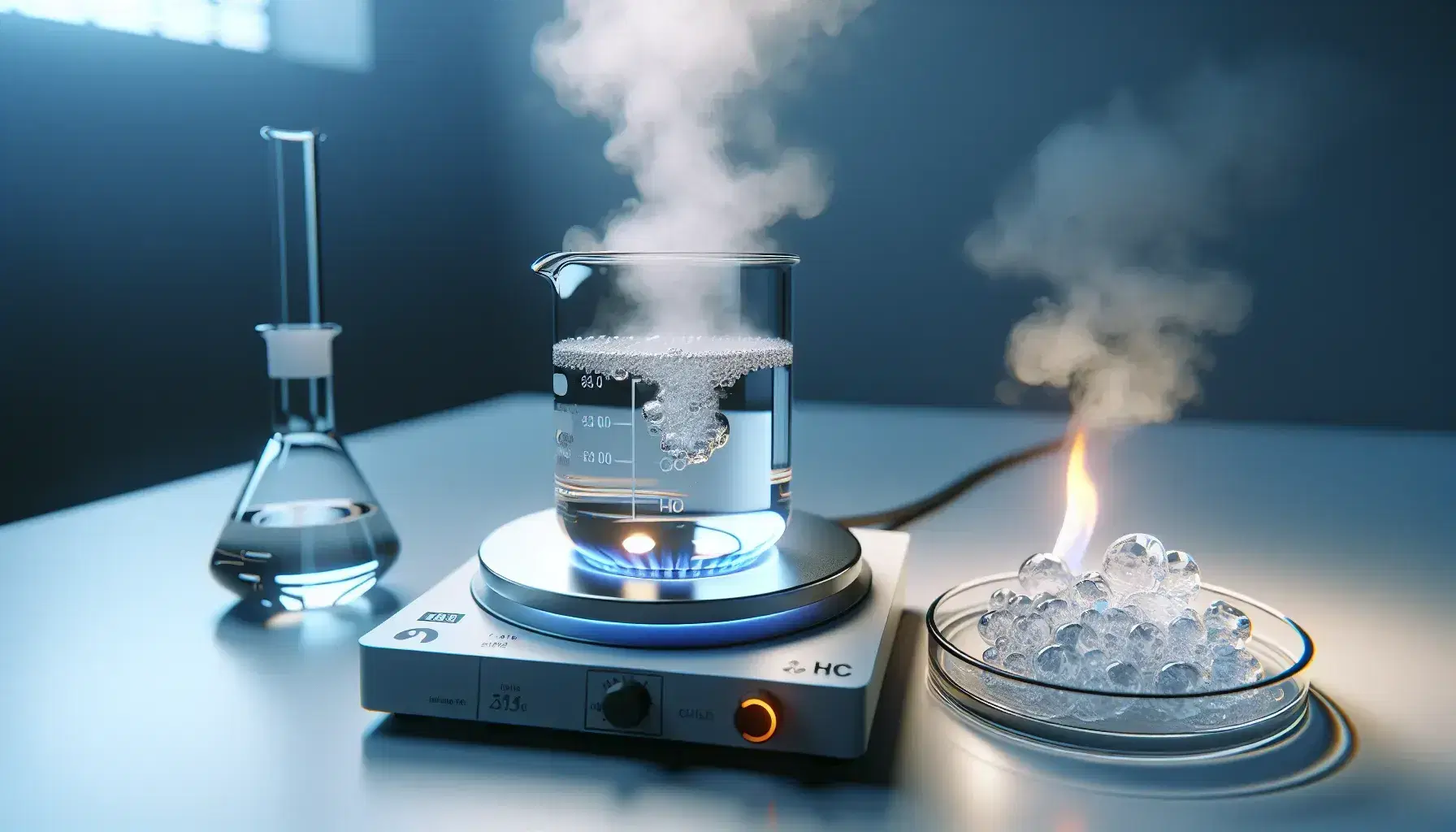 Glass beaker on hotplate with blue flame, boiling liquid and steam above, partially molten crystalline substance in petri dish beside.