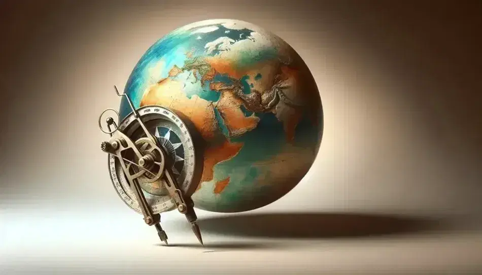 Esfera tridimensional que simula la Tierra con detalles de continentes y océanos, acompañada de un compás antiguo de metal en primer plano sobre fondo neutro.
