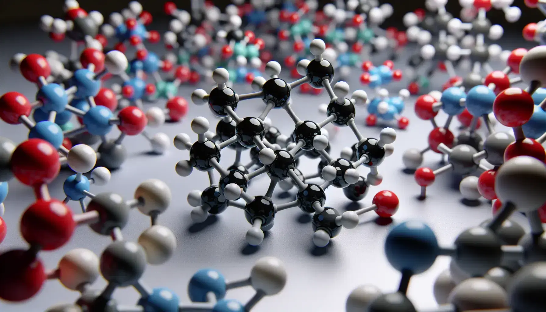 Molecular model with colored spheres representing hydrogen, carbon, oxygen and nitrogen atoms, connected by rods to indicate chemical bonds.