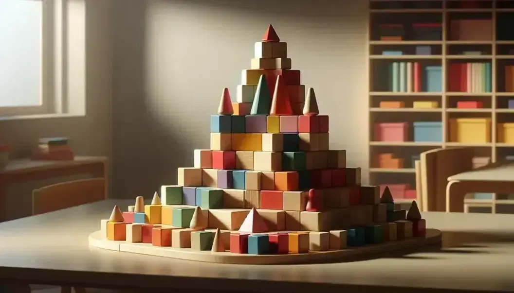Piramide di blocchi colorati in legno con forme geometriche diverse su superficie neutra con sfondo sfocato di scaffali.
