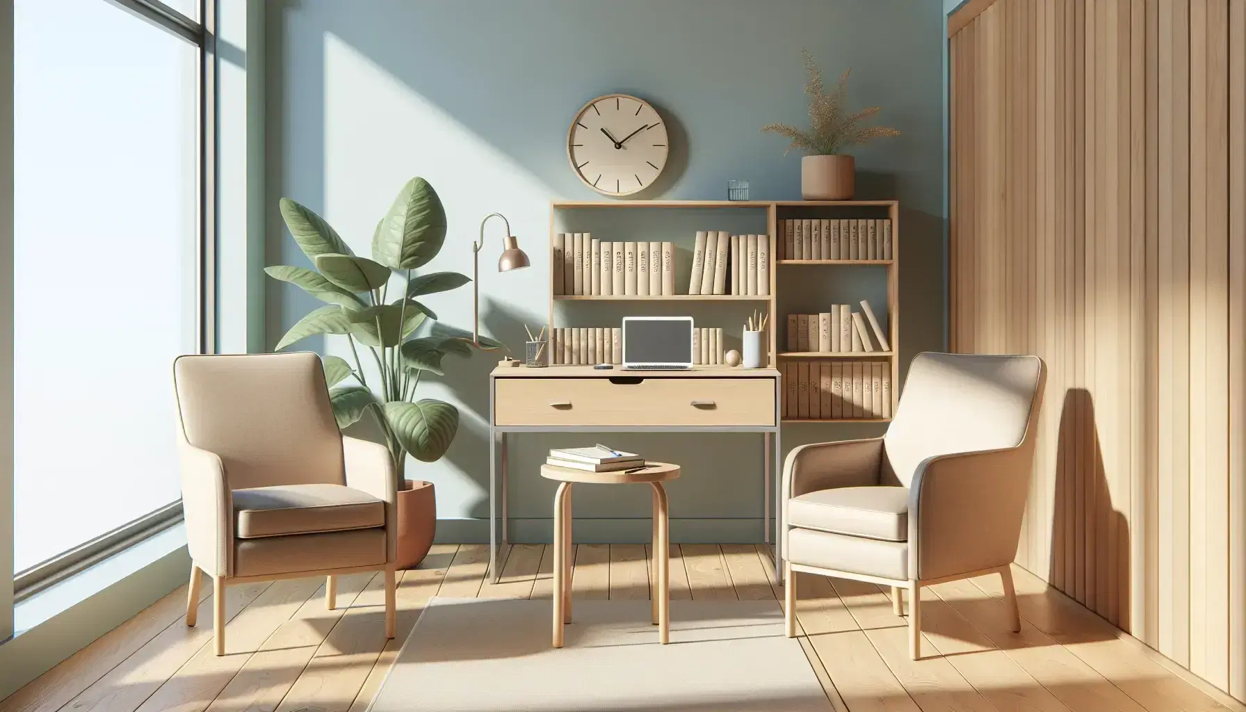Consultorio psicológico iluminado con luz natural, sillas beige enfrentadas para conversación, escritorio con portátil cerrado y libreta, estantería con libros, planta verde y reloj de pared en tono pastel.