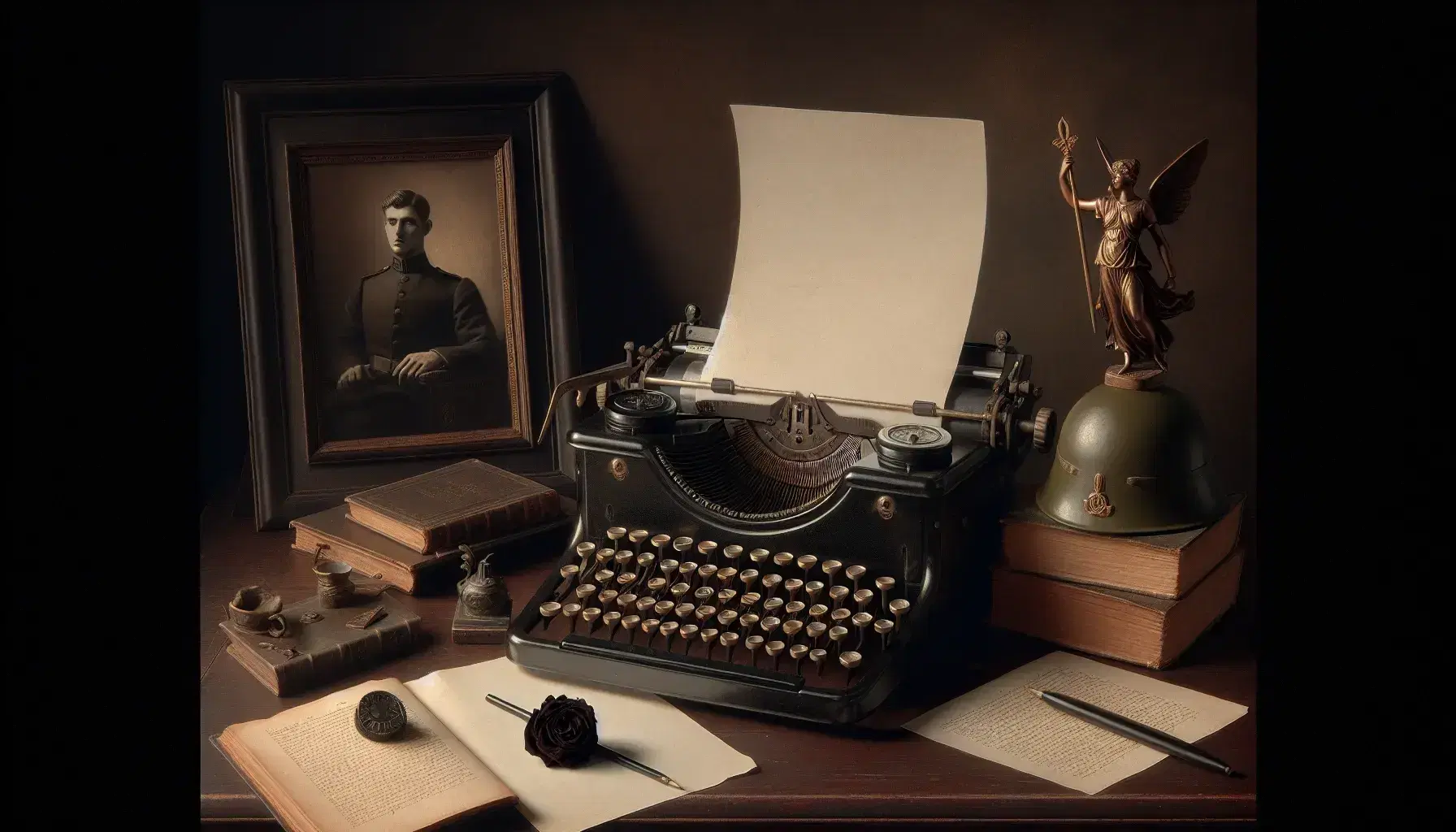 Scrivania in legno scuro con macchina da scrivere vintage, libro aperto, stilografica nera, ritratto in bianco e nero, statuetta di vittoria alata e casco militare antico.