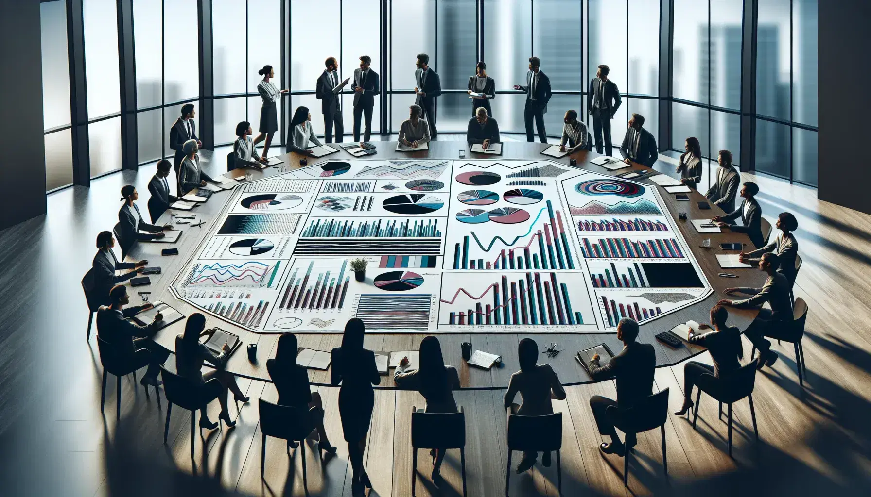 Grupo de profesionales analizando gráficos y diagramas en una reunión de trabajo, con una mesa redonda y ventana al fondo.
