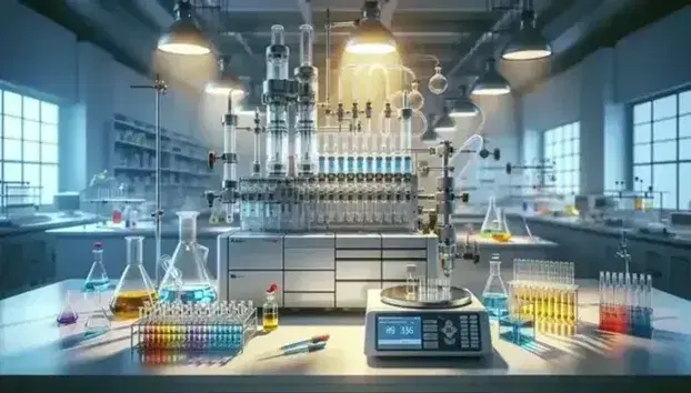 Laboratorio scientifico con strumentazione cromatografica, HPLC, viali con liquidi colorati e bilancia analitica digitale.