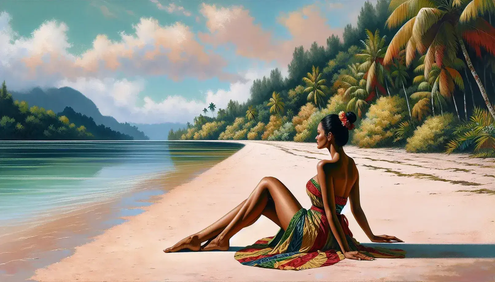 Due donne tahitiane sedute sulla sabbia di una spiaggia tranquilla, con abiti tradizionali colorati e sfondo tropicale.